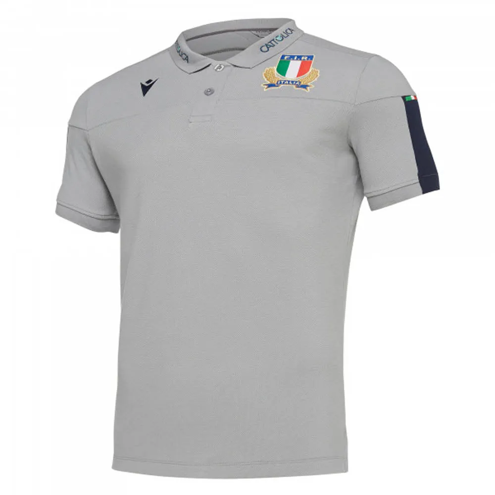 2019-2020 Italy Macron Rugby Official Cotton Polo Shirt Grey