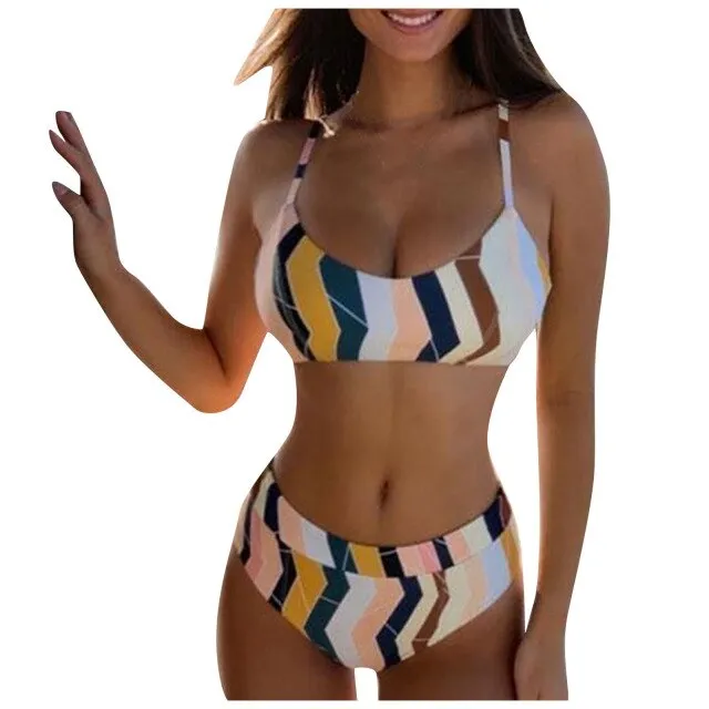 2021 Women's Striped Contrast Color Swimwear Halter Two Piece Bikini Set Sizes S - XL