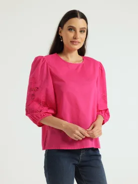 3/4 Balloon Embossed Sleeve Popover Blouse - Cerise