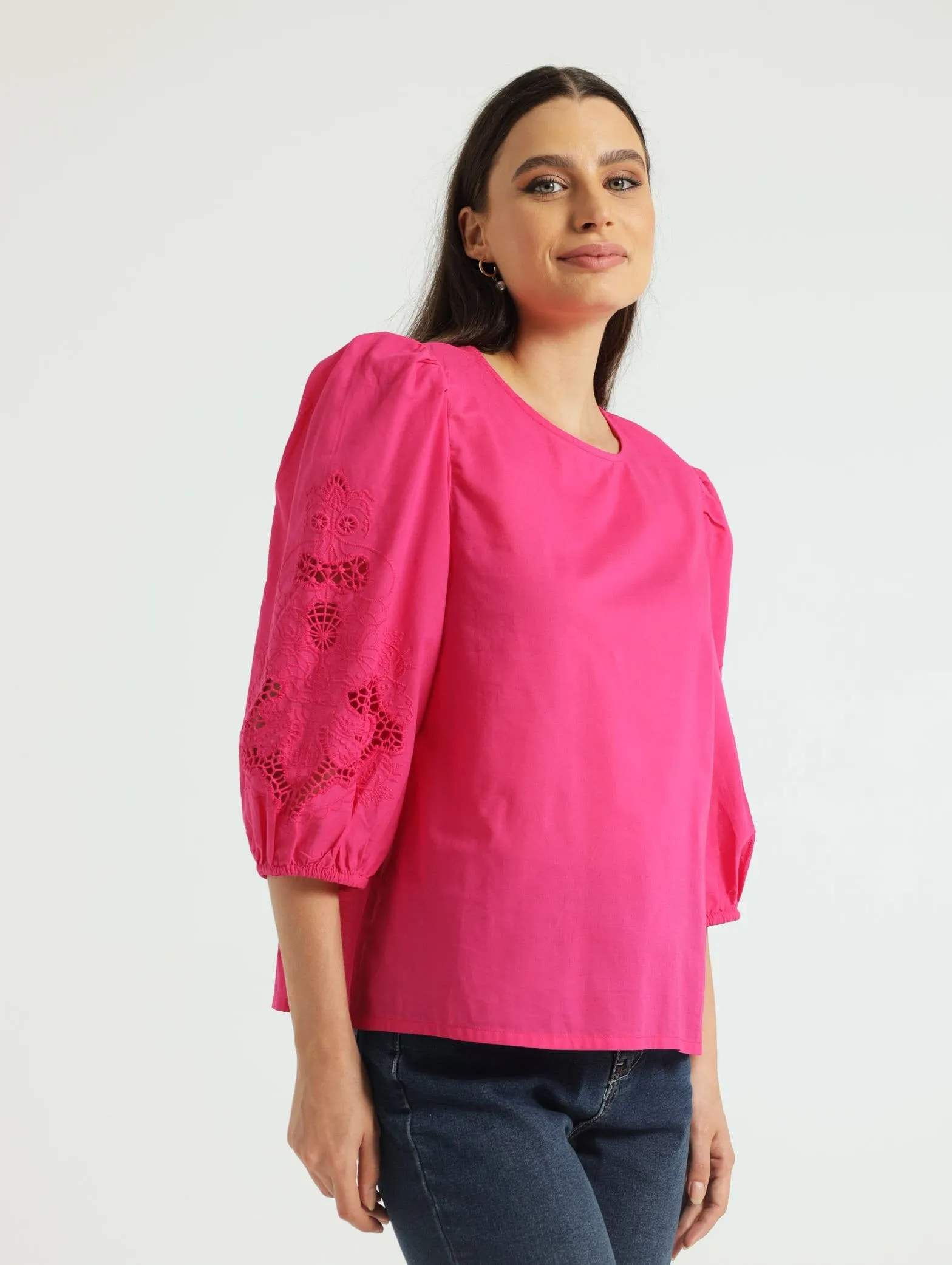 3/4 Balloon Embossed Sleeve Popover Blouse - Cerise