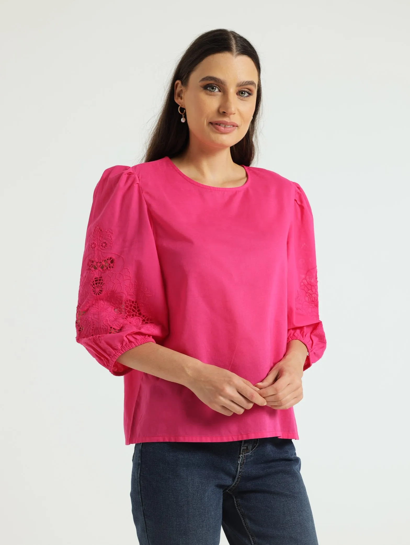 3/4 Balloon Embossed Sleeve Popover Blouse - Cerise