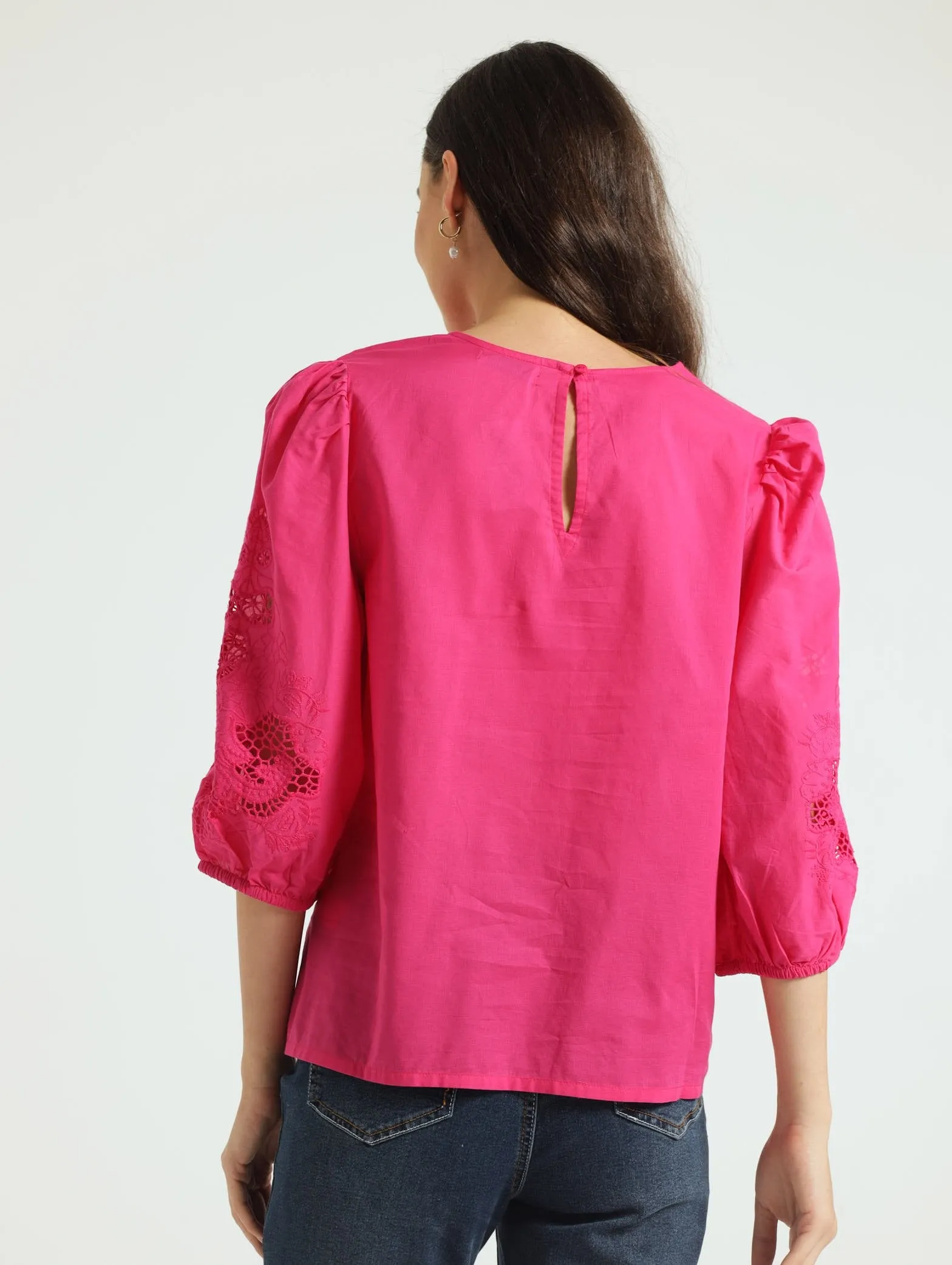 3/4 Balloon Embossed Sleeve Popover Blouse - Cerise