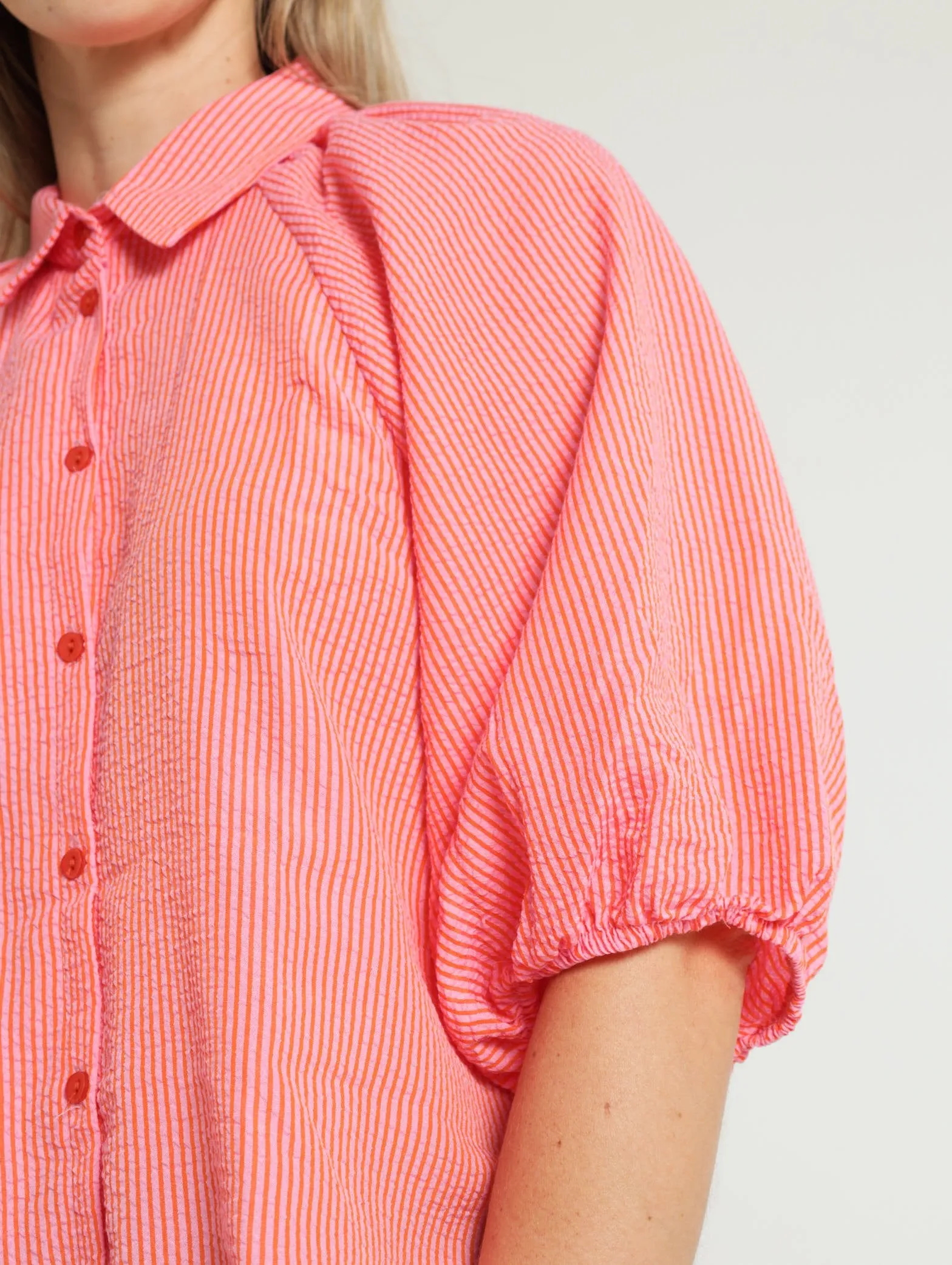 3/4 Balloon Sleeve 2 Tone Stripe Shirt - Pink