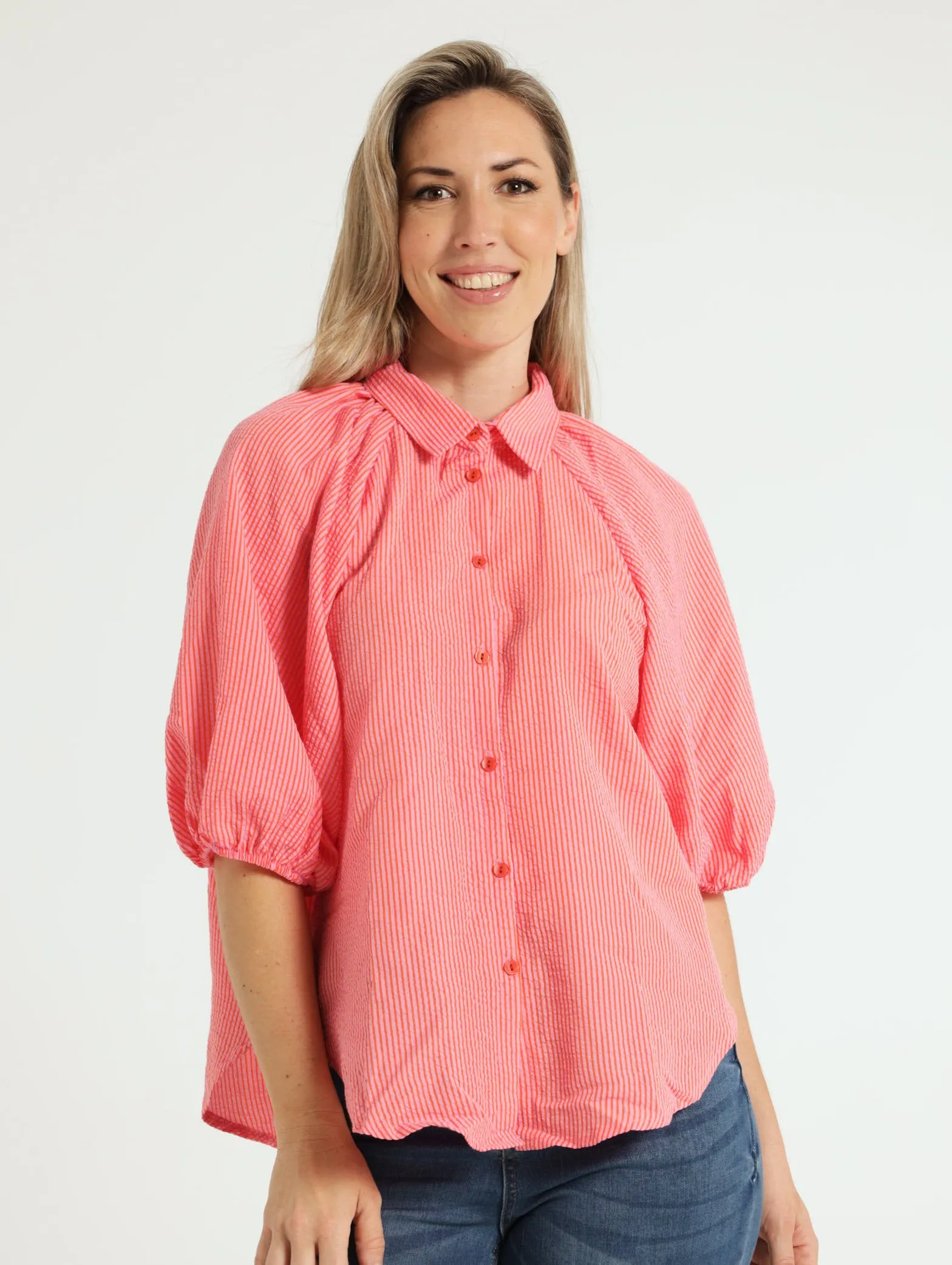 3/4 Balloon Sleeve 2 Tone Stripe Shirt - Pink