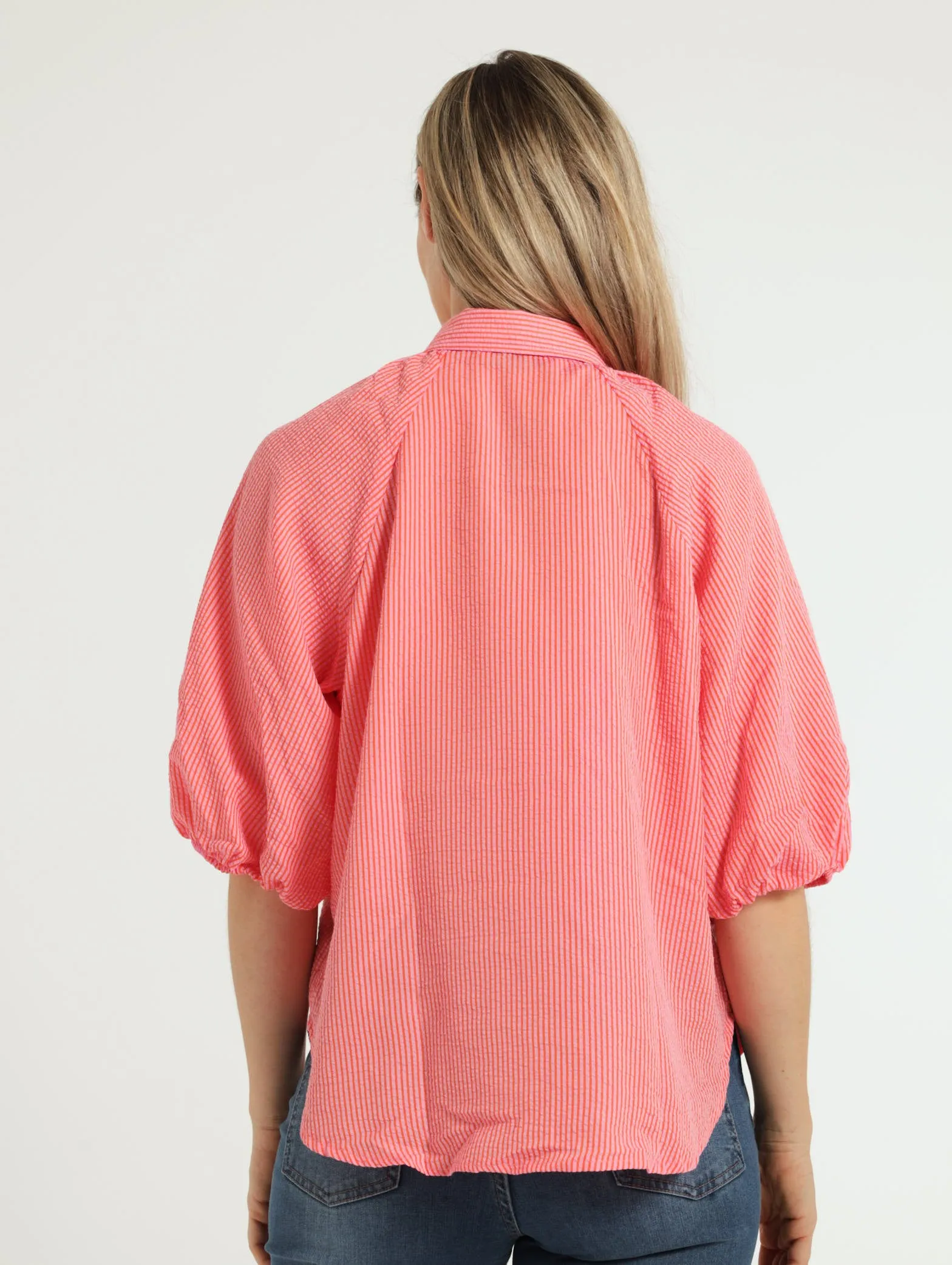 3/4 Balloon Sleeve 2 Tone Stripe Shirt - Pink