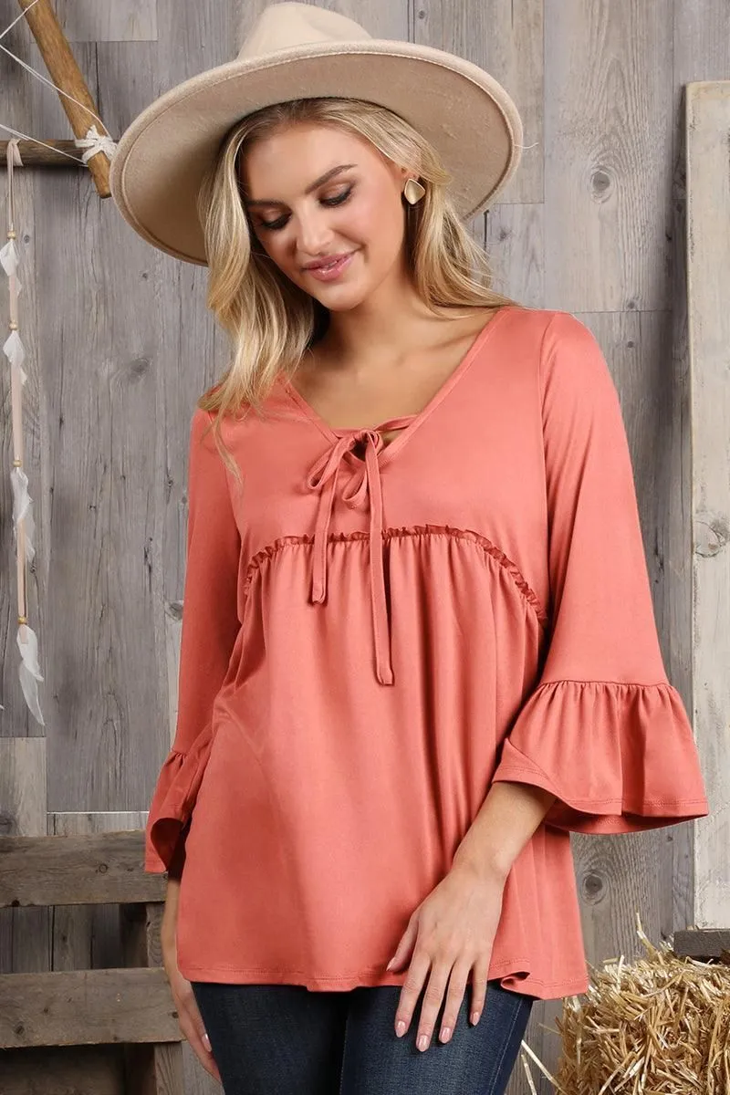 3/4 SLEEVE WITH NECK STRING DETAILED TOP