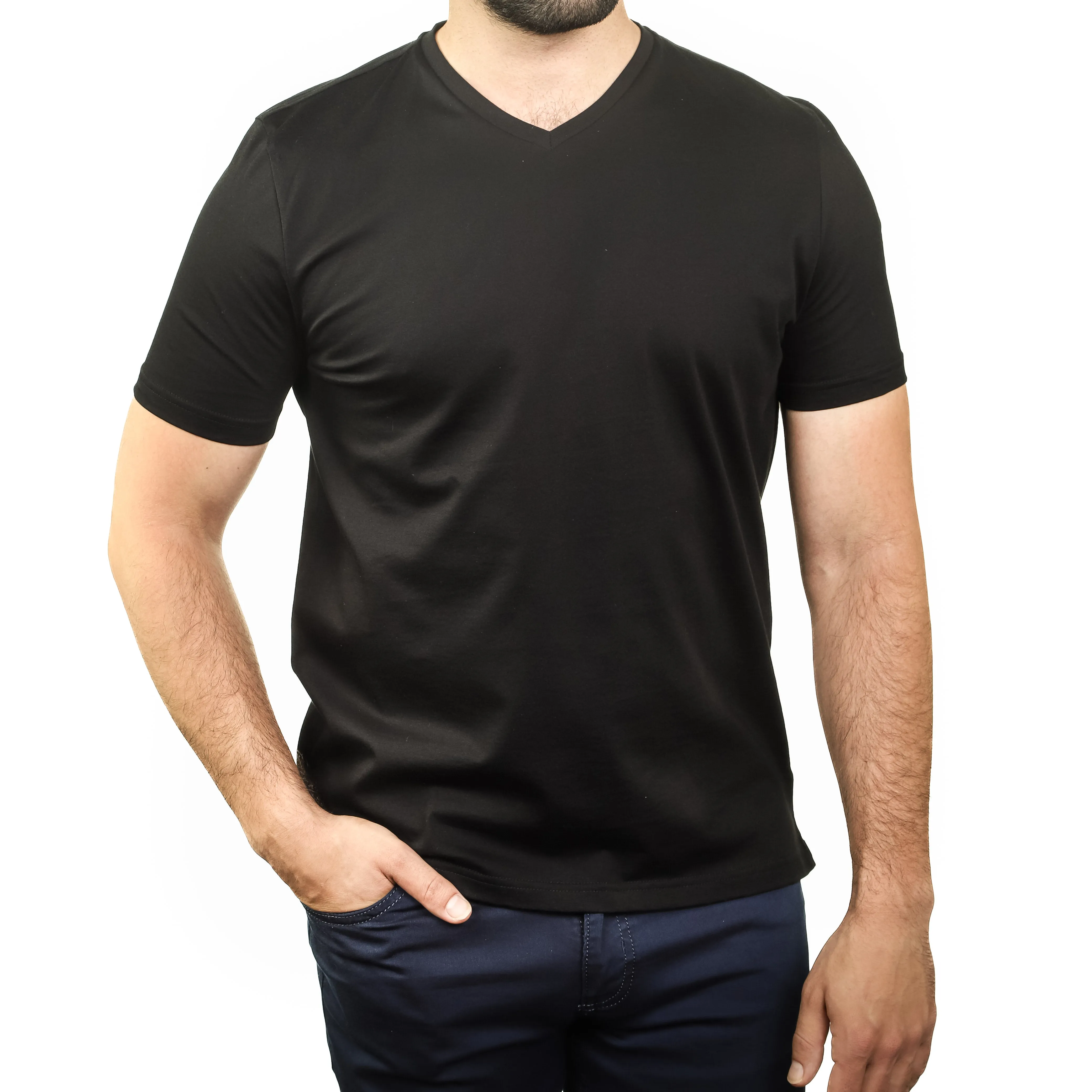 7 Downie St. - Black Mercerized Cotton V-Neck T-Shirt