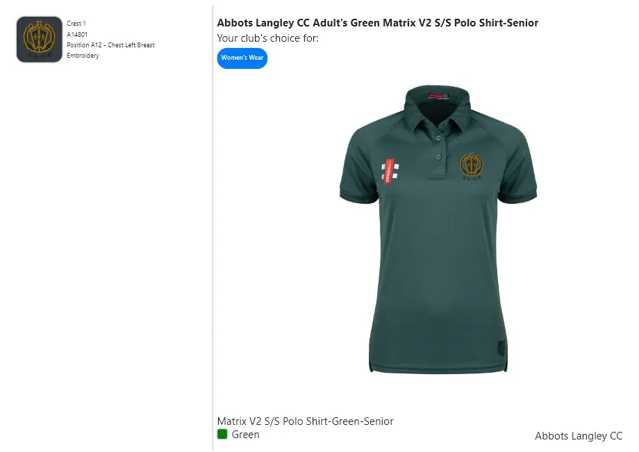 Abbots Langley CC  Adult's Green Matrix V2 S/S Polo Shirt-Senior