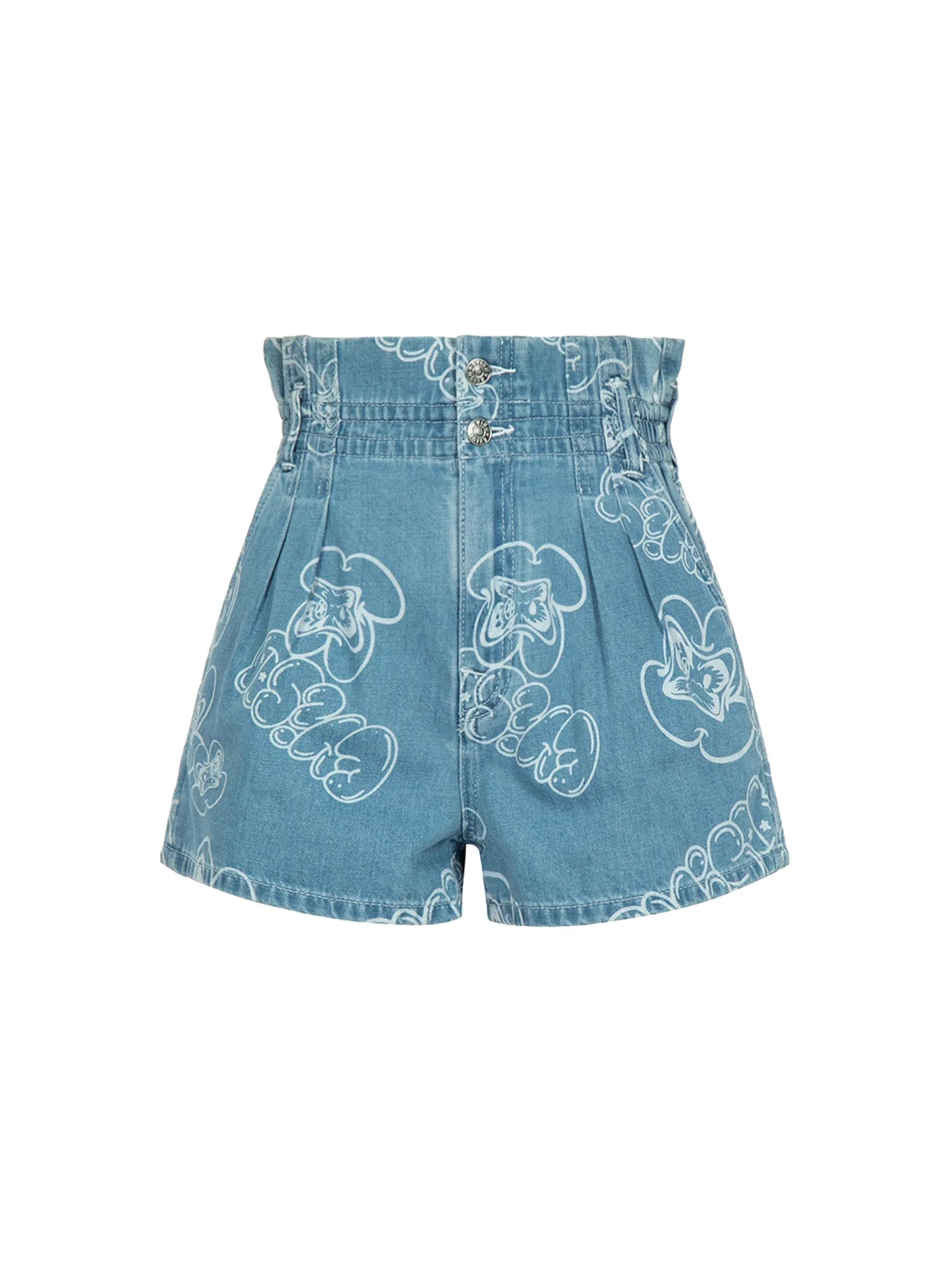 Allover Graffiti Daruma and Logo Laser-Print Denim Shorts