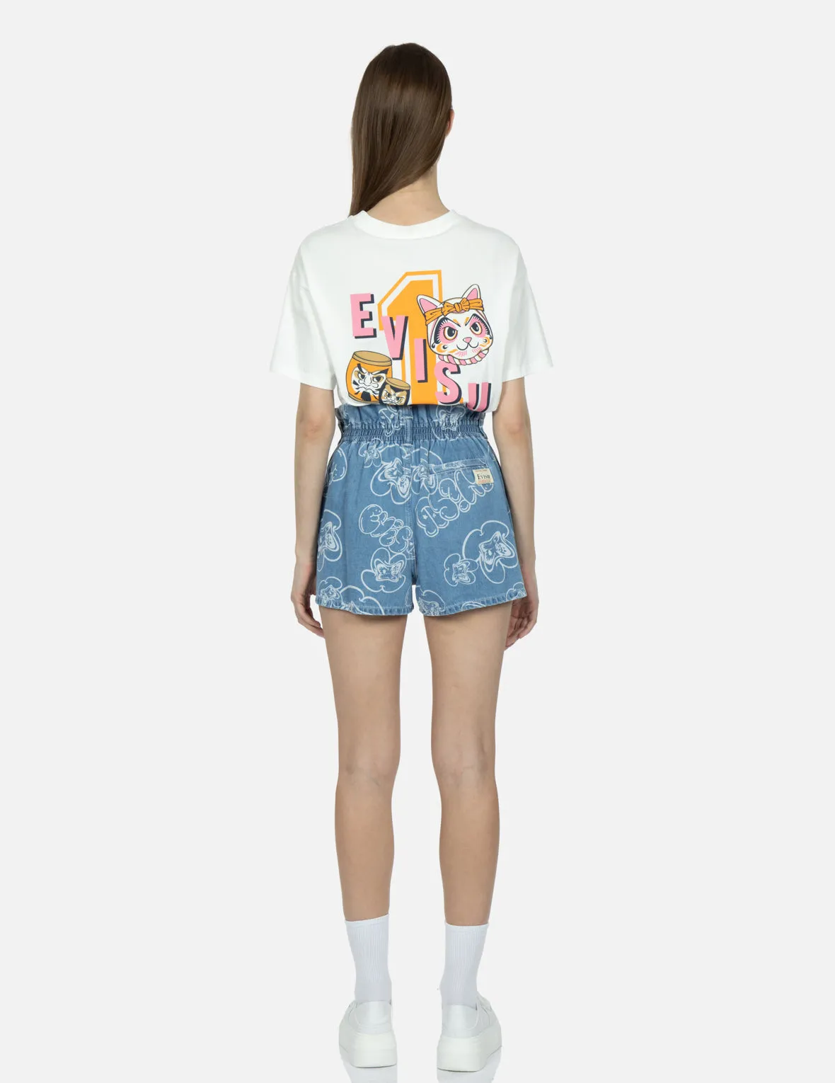 Allover Graffiti Daruma and Logo Laser-Print Denim Shorts