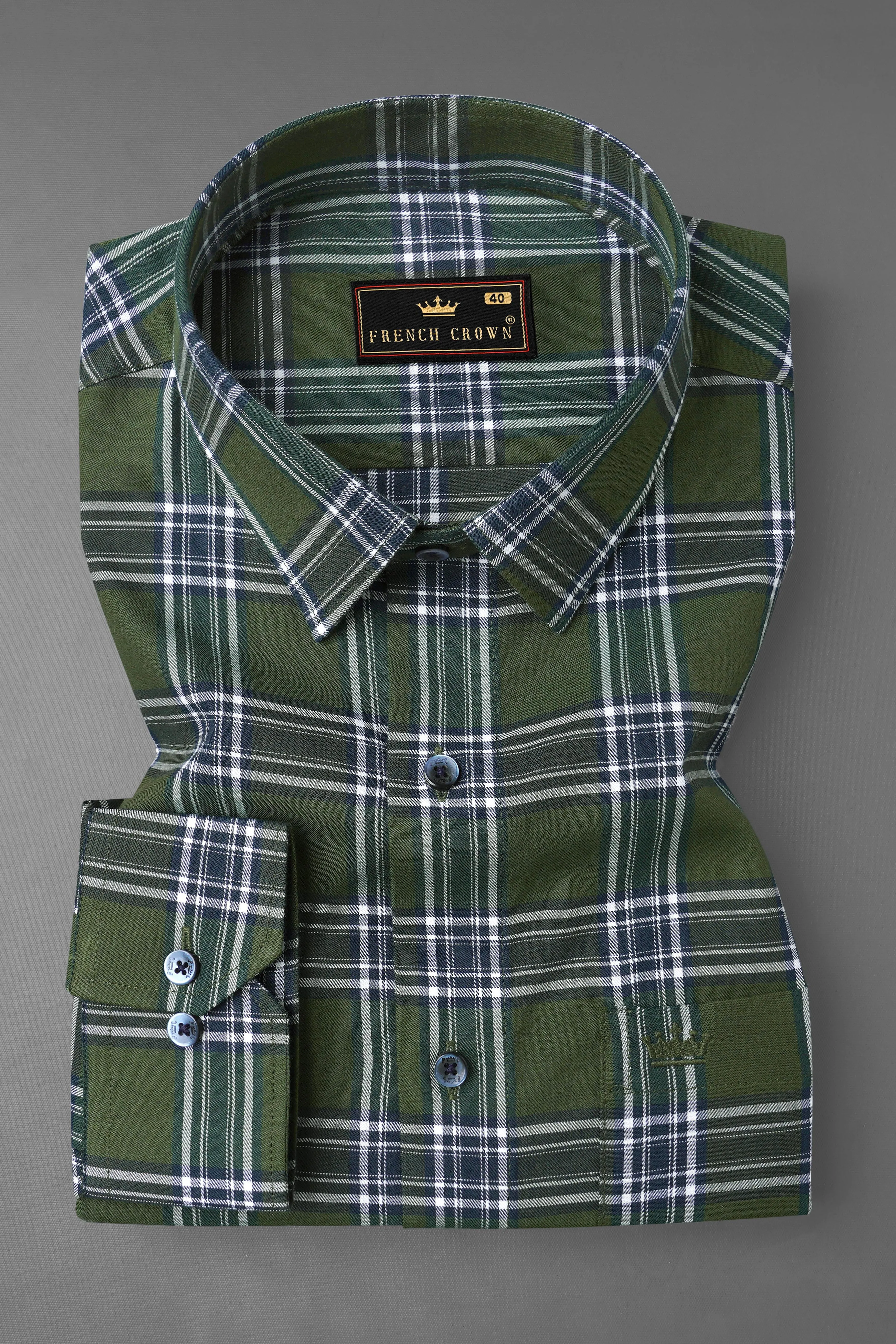 Asparagus Green with Bright White Twill Plaid Premium Cotton Shirt