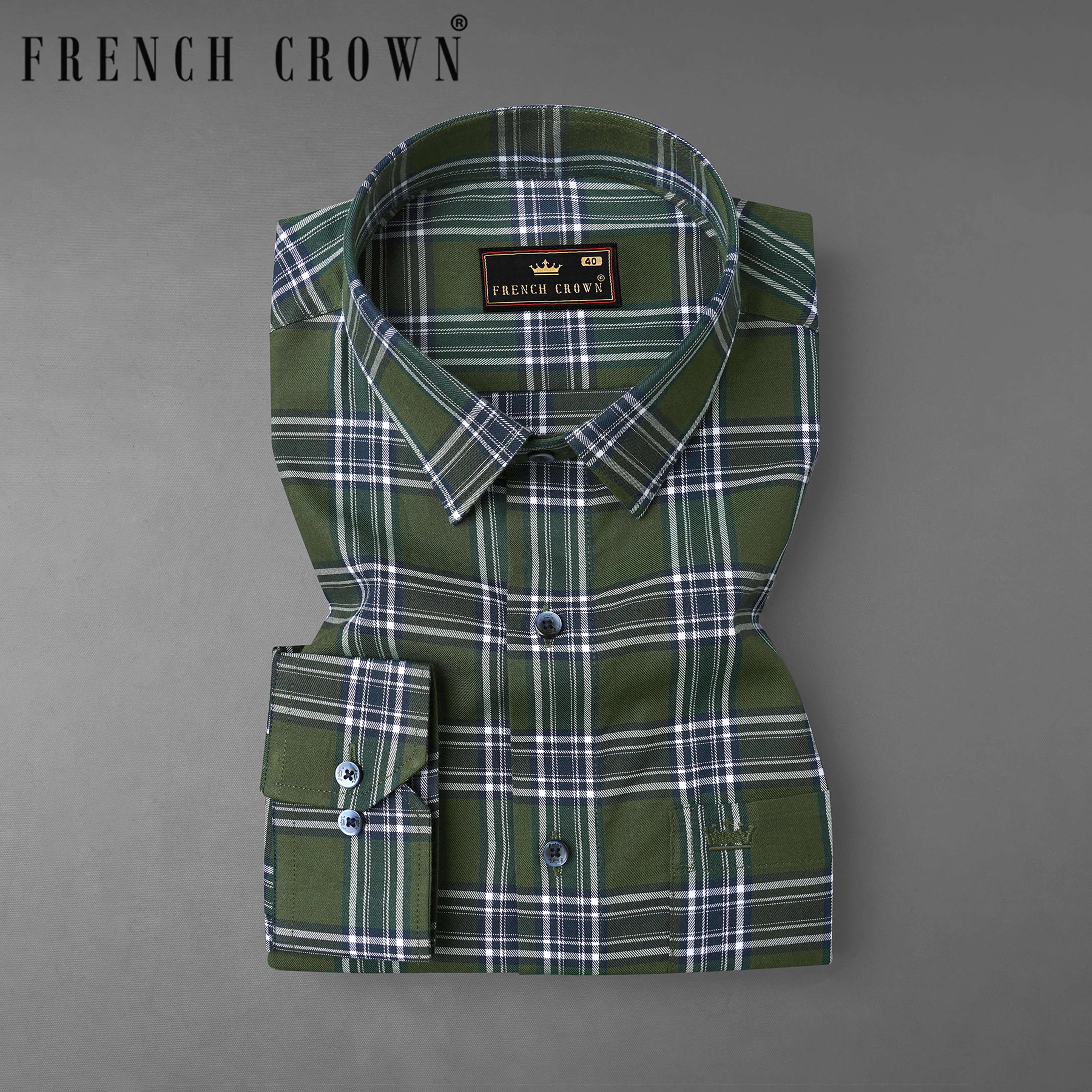 Asparagus Green with Bright White Twill Plaid Premium Cotton Shirt