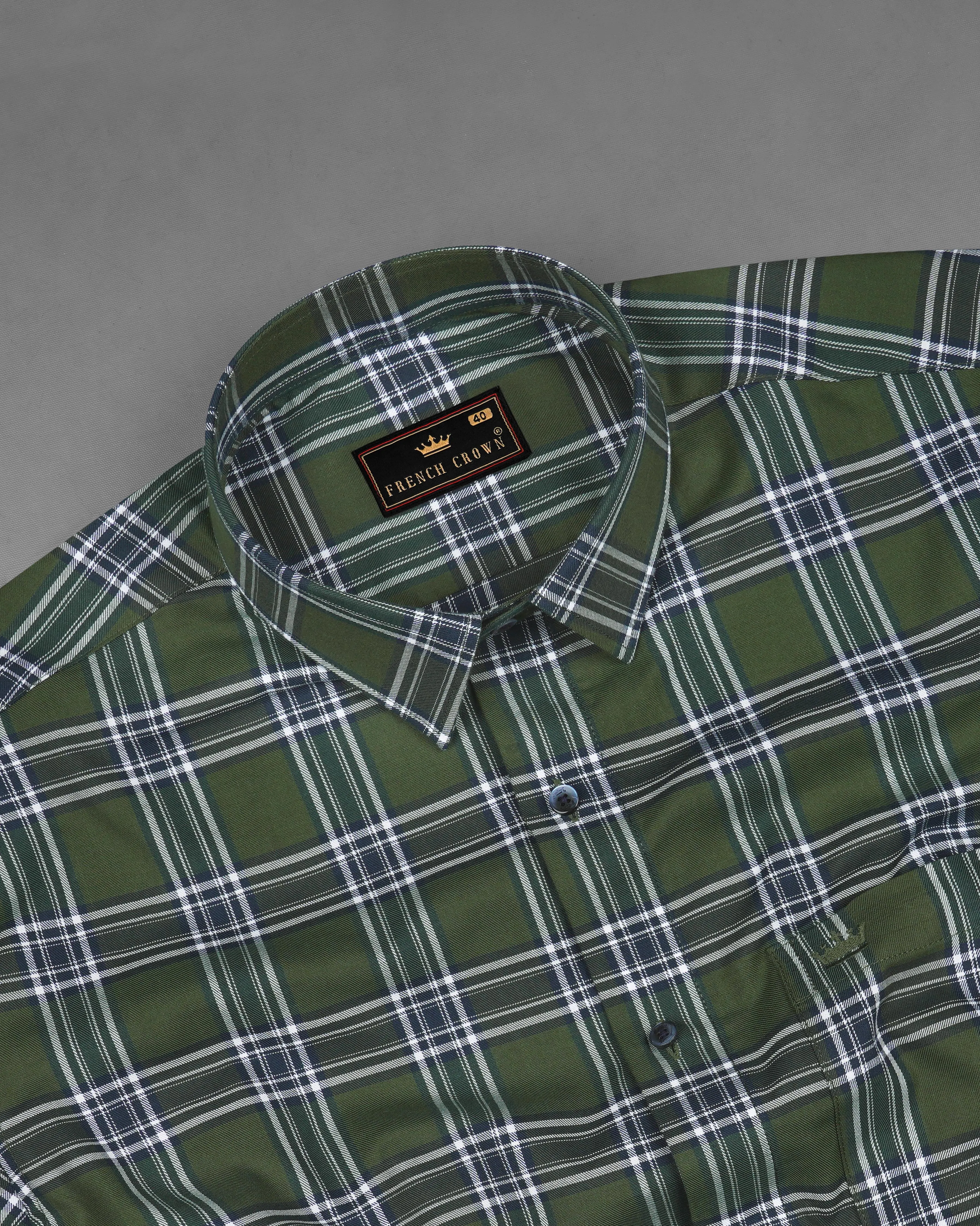 Asparagus Green with Bright White Twill Plaid Premium Cotton Shirt