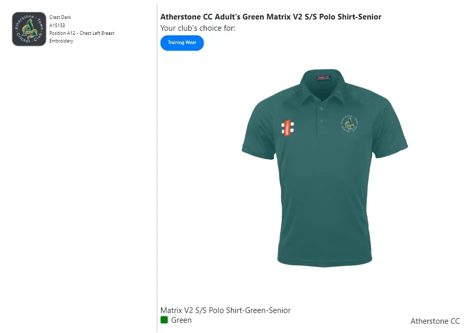 Atherstone CC Adult's Green Matrix V2 S/S Polo Shirt-Senior