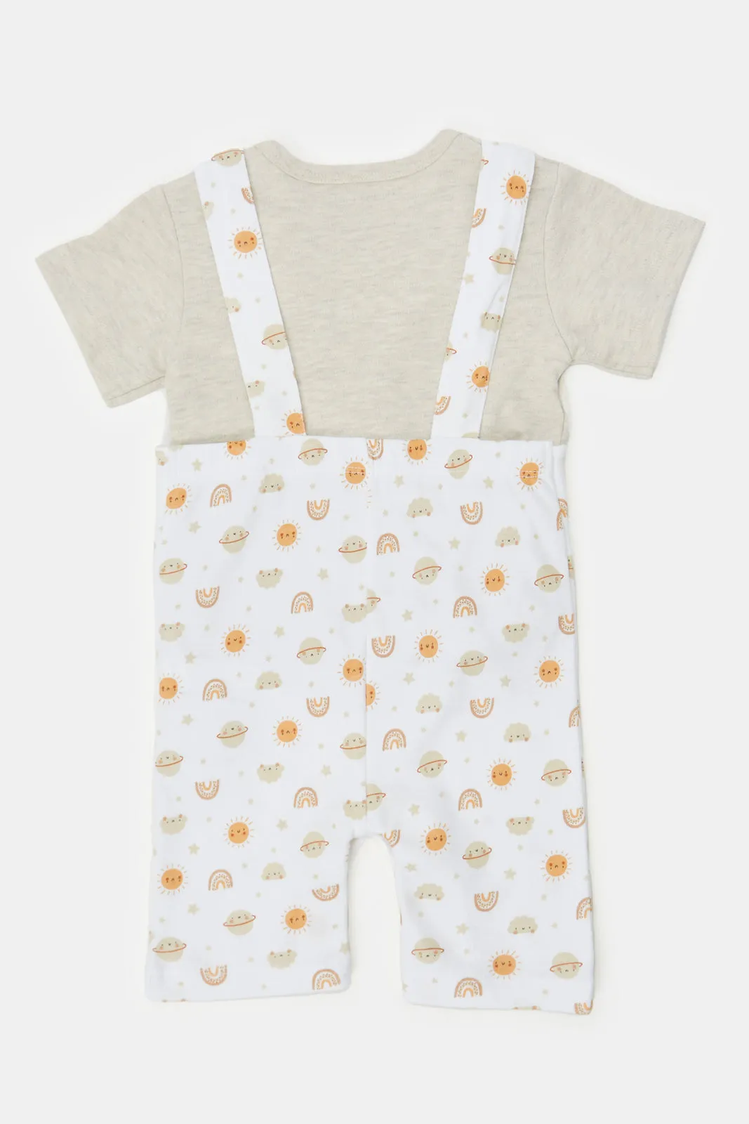 Baby Beige And White Printed T-Shirt And Dungaree Set (2 Piece)