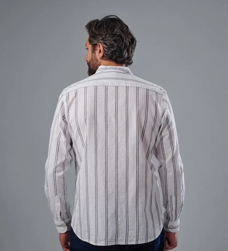 Band Collar Striped Shirt - OFF WHITE