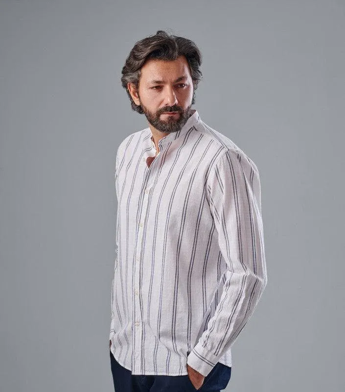 Band Collar Striped Shirt - OFF WHITE