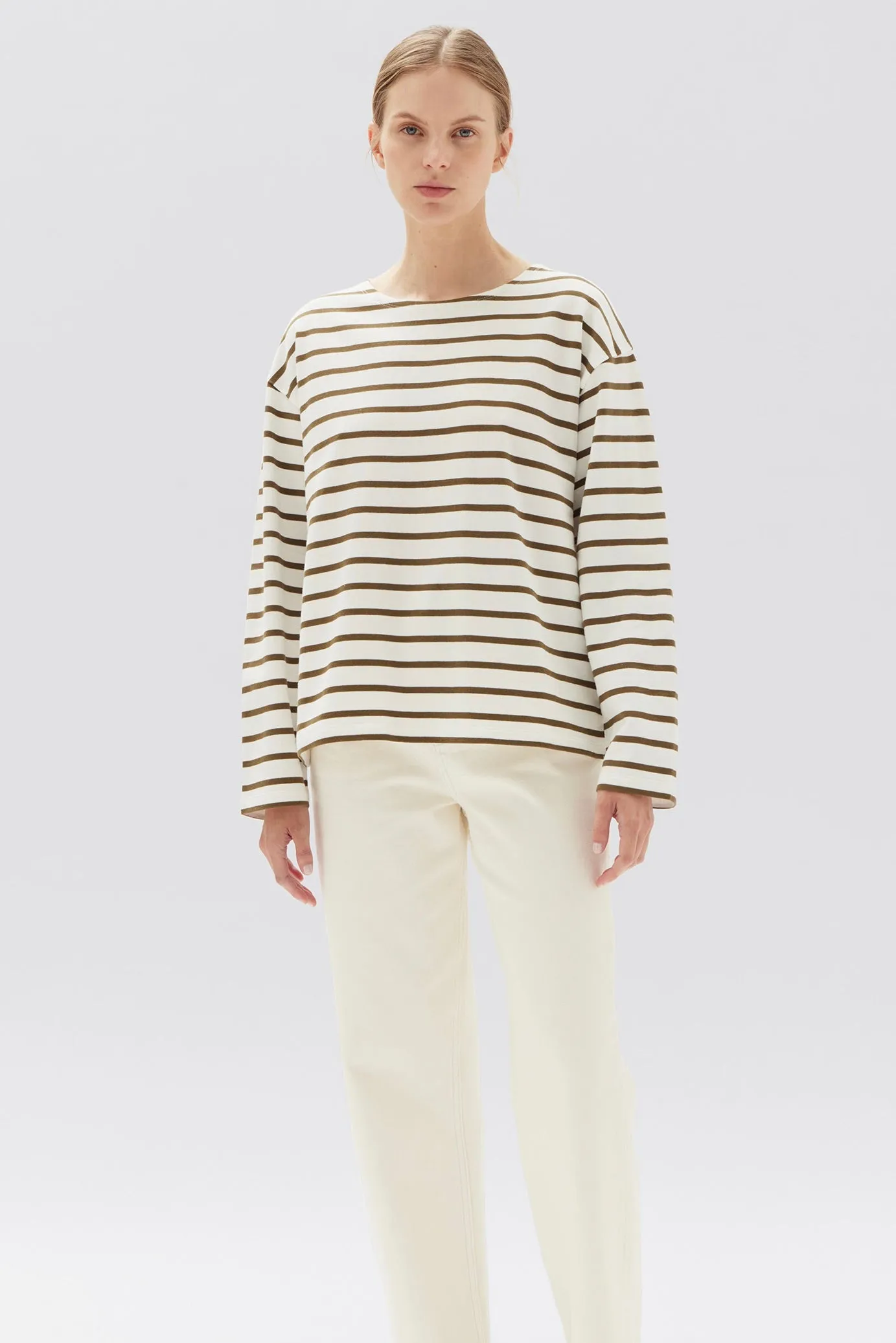 Bateau Tan White Stripe Organic LS Top