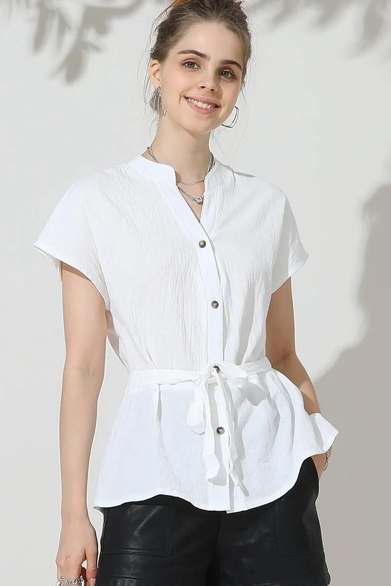 BELTED WAIST BUTTON UP COTTON SHIRTS