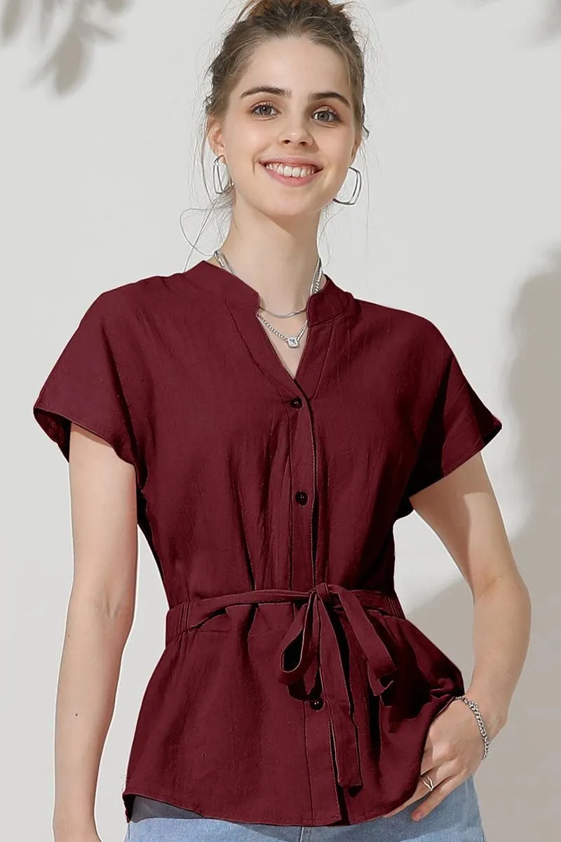 BELTED WAIST BUTTON UP COTTON SHIRTS