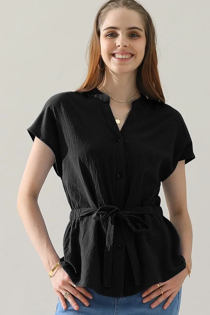 BELTED WAIST BUTTON UP COTTON SHIRTS