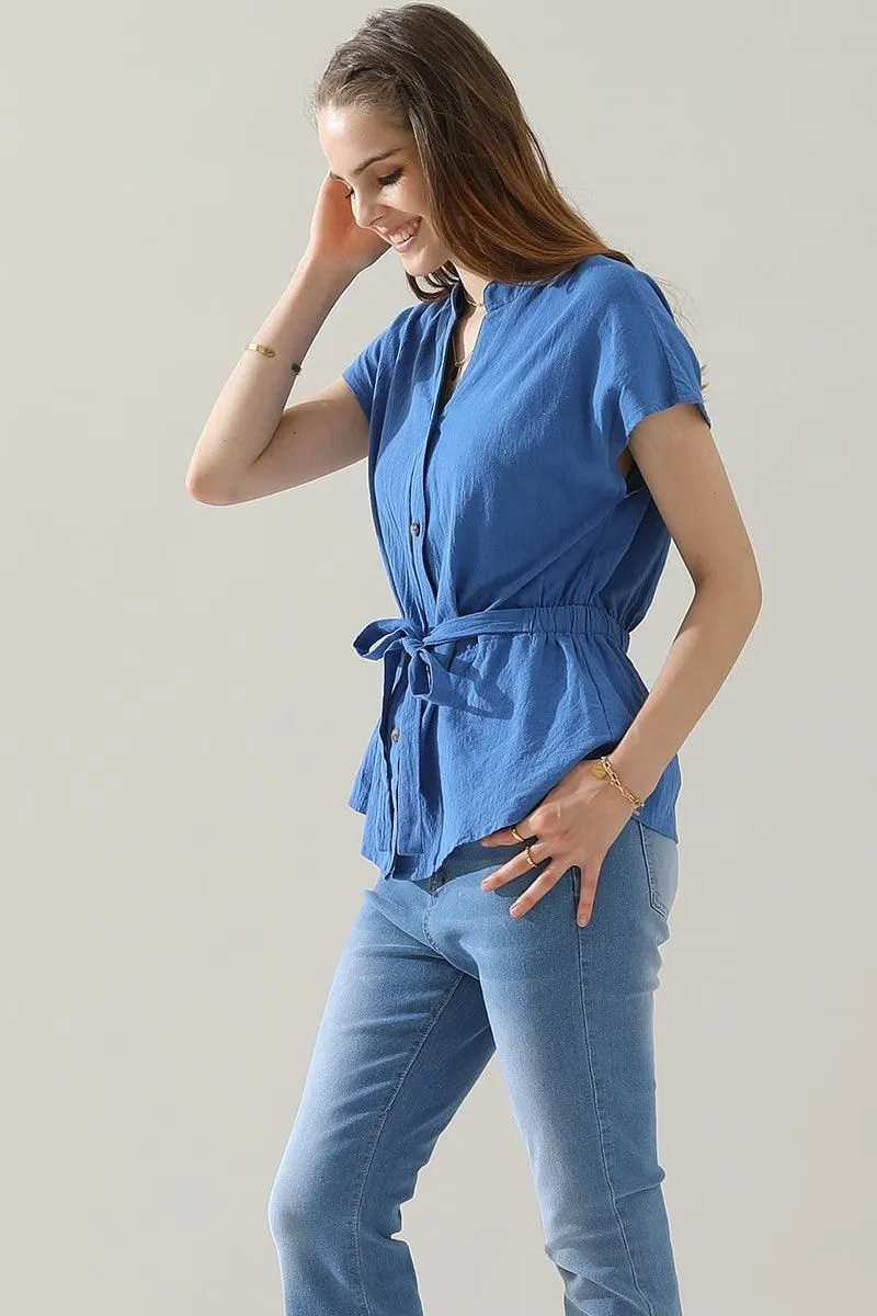 BELTED WAIST BUTTON UP COTTON SHIRTS