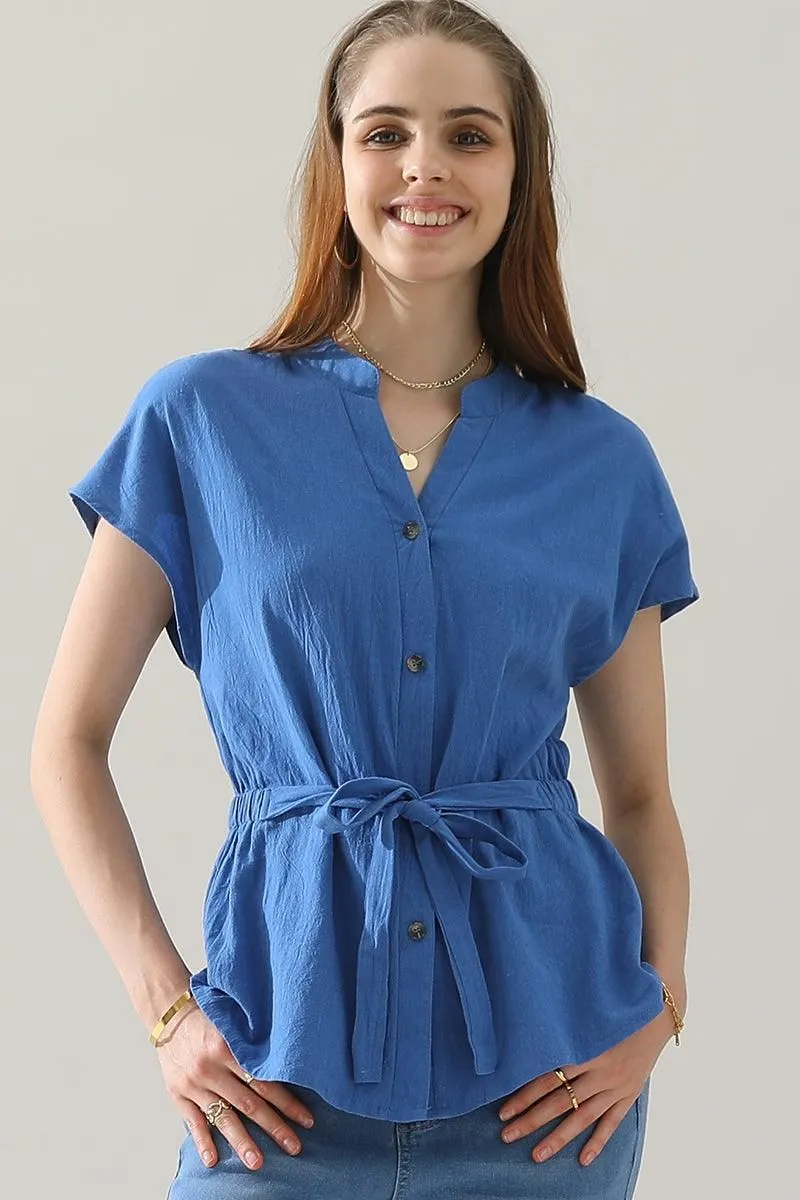 BELTED WAIST BUTTON UP COTTON SHIRTS