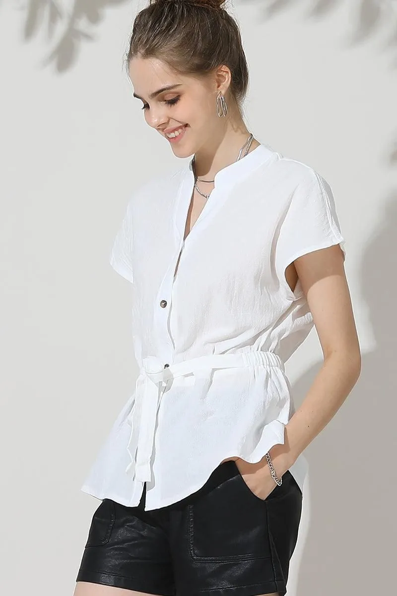 BELTED WAIST BUTTON UP COTTON SHIRTS