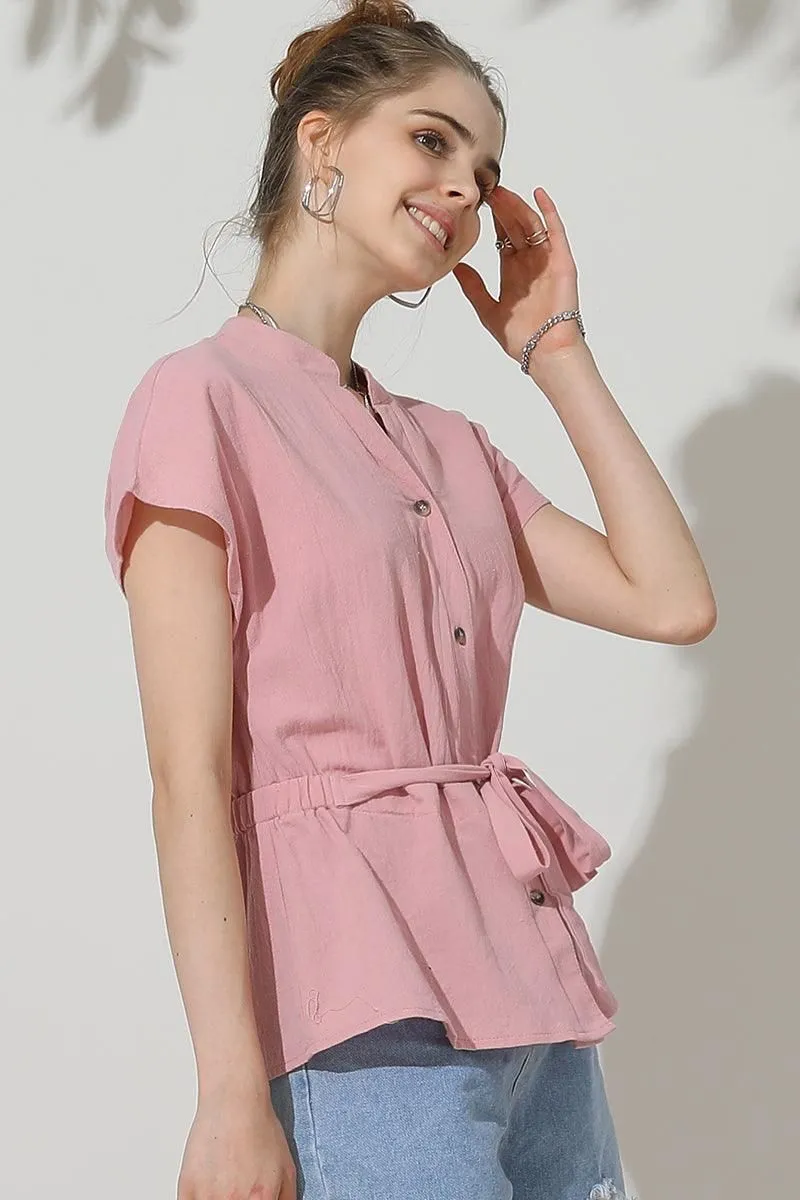 BELTED WAIST BUTTON UP COTTON SHIRTS