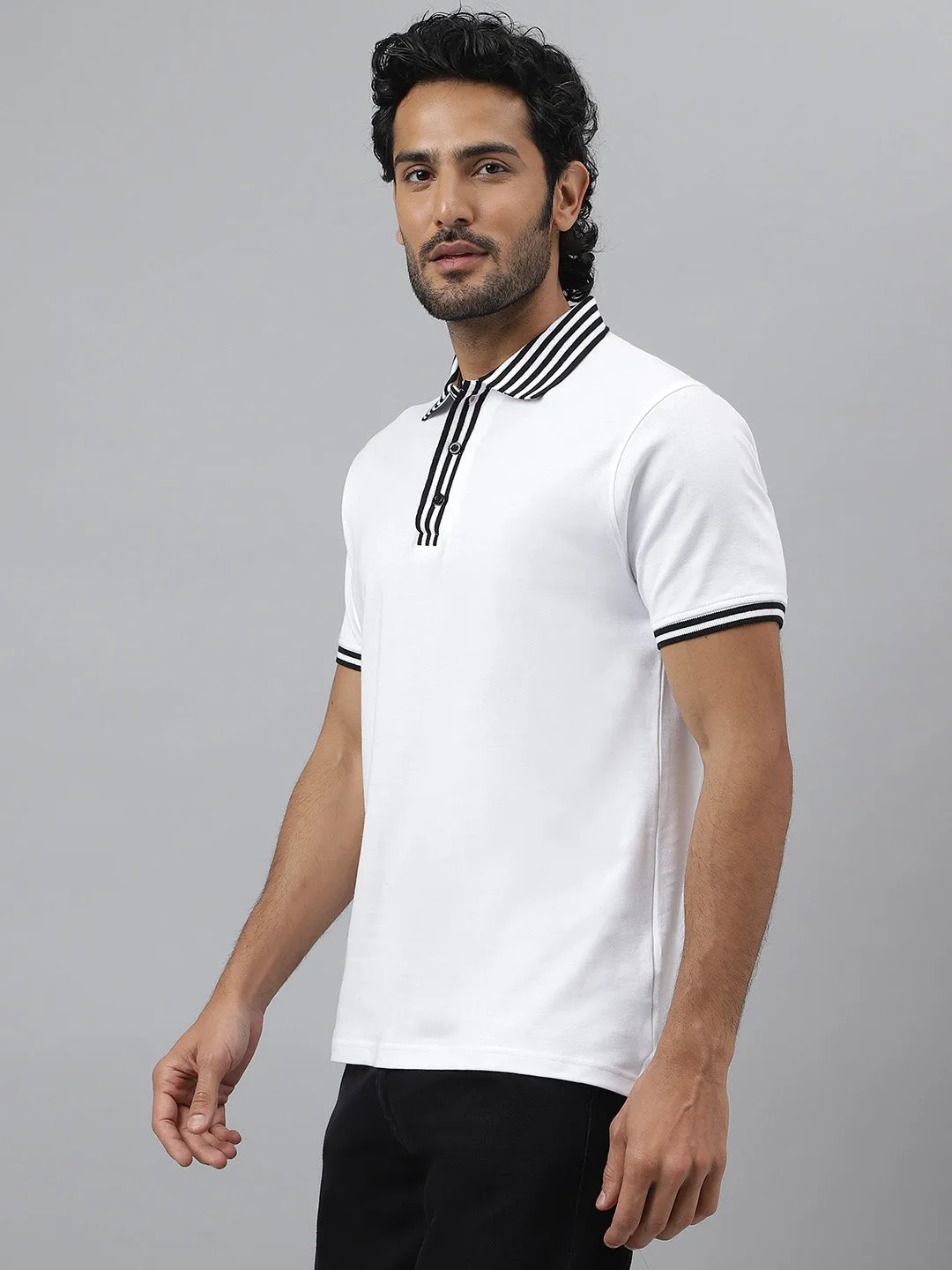 Black Striped Collar Pure Cotton White Polo - Piano