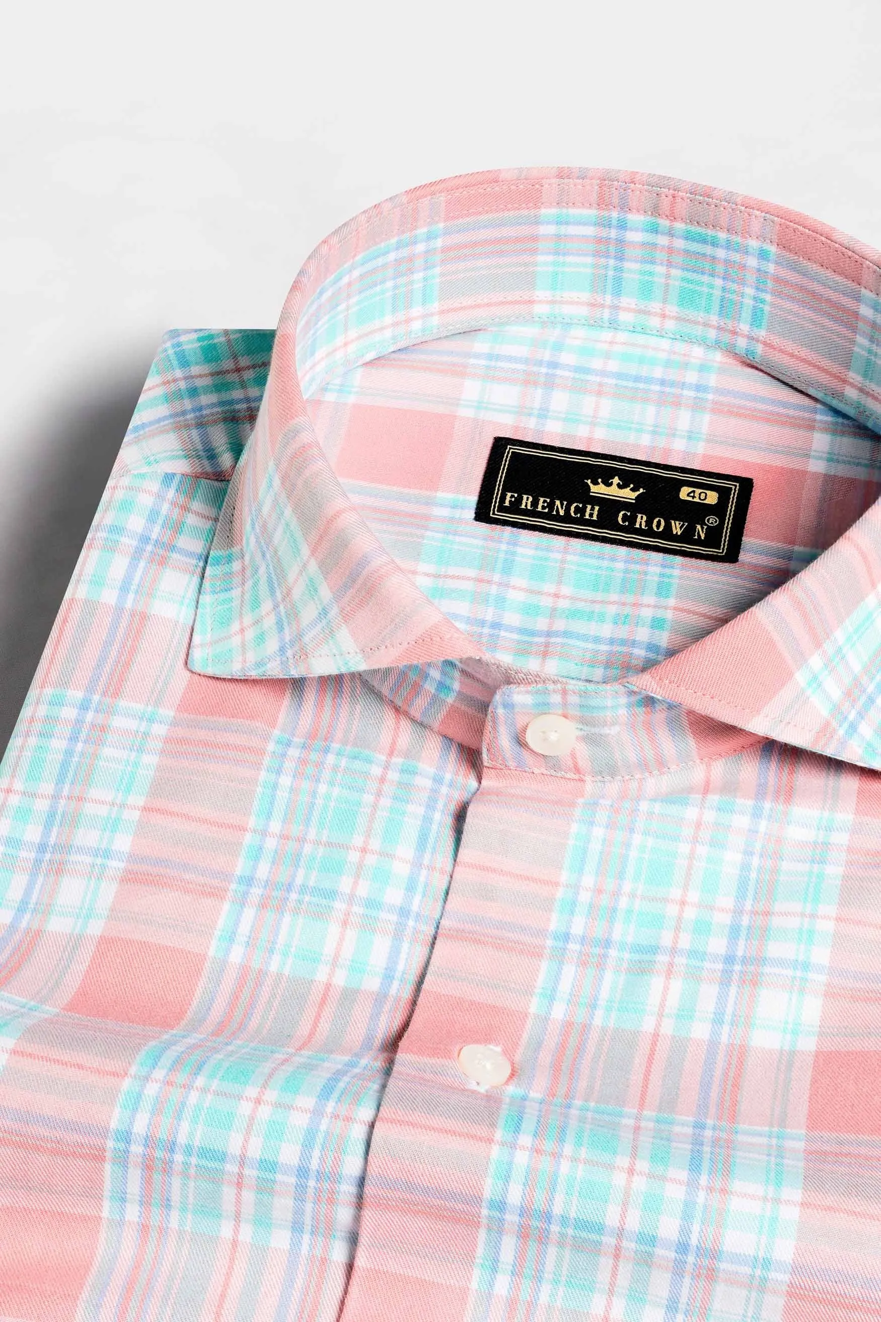 Blush Pink and Turquoise Blue Twill Plaid Premium Cotton Shirt