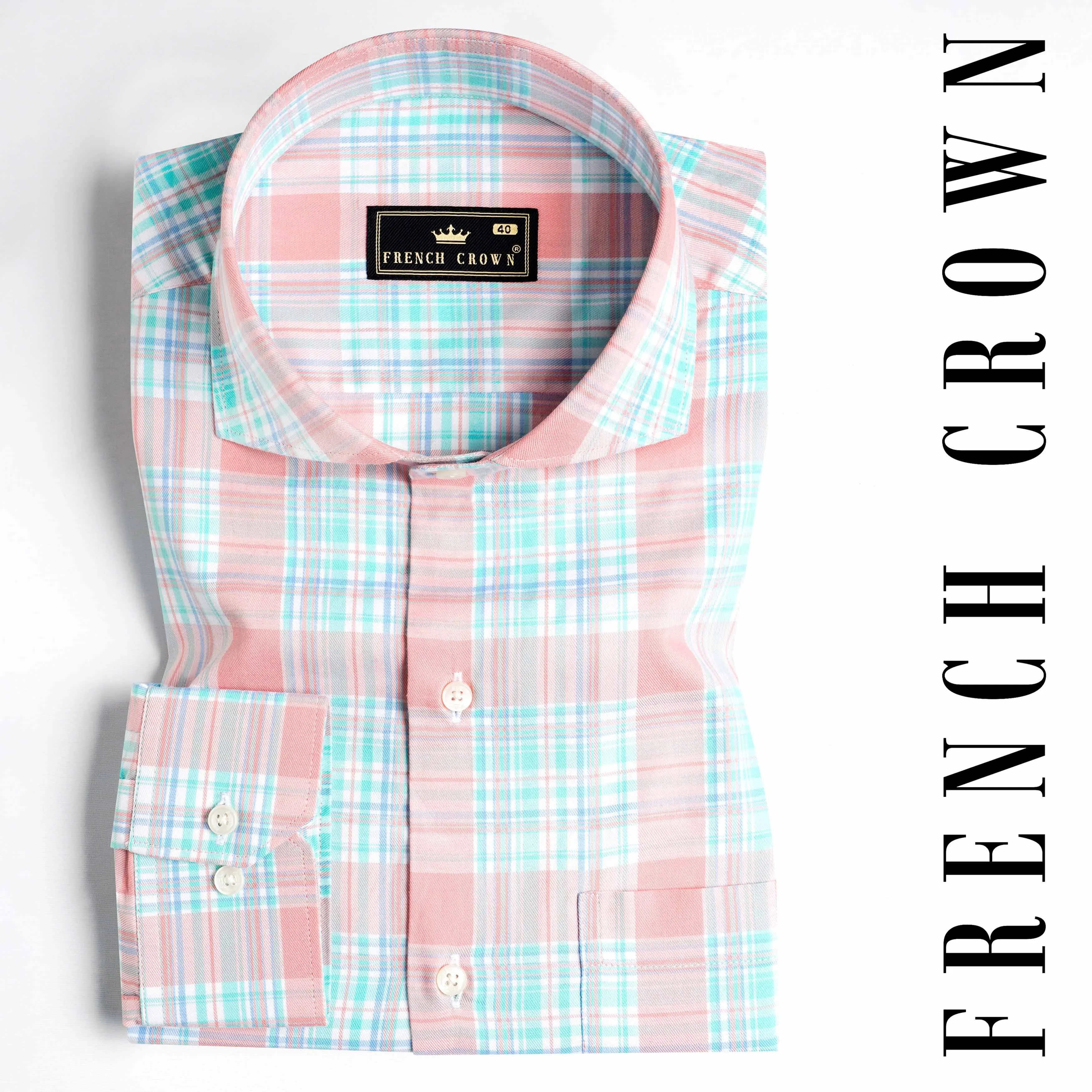 Blush Pink and Turquoise Blue Twill Plaid Premium Cotton Shirt