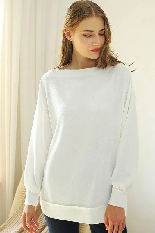 BOAT NECK PULLOVER SWEATER KNIT TOP WITH RAW SEAM