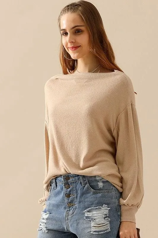 BOAT NECK PULLOVER SWEATER KNIT TOP WITH RAW SEAM