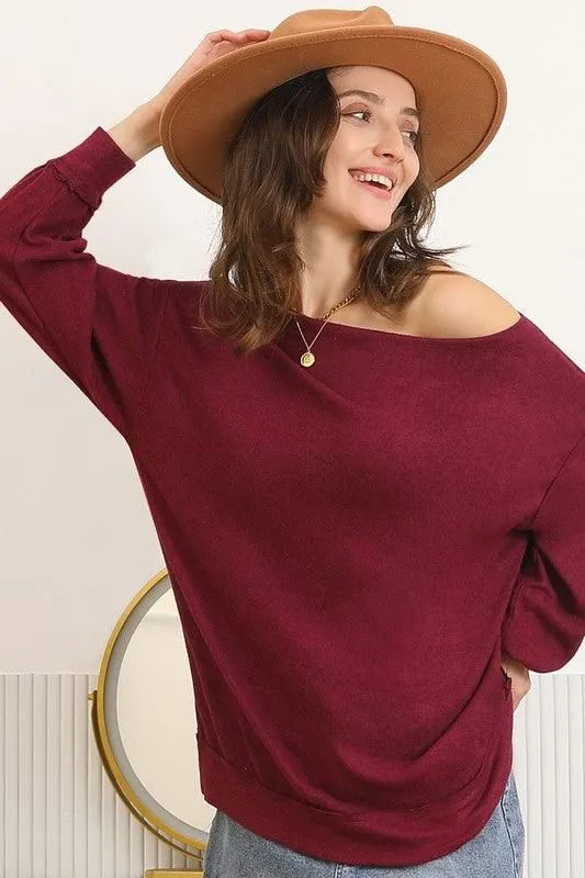 BOAT NECK PULLOVER SWEATER KNIT TOP WITH RAW SEAM