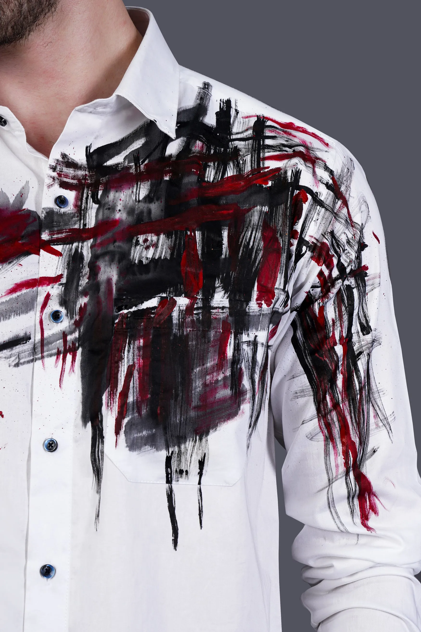 Bright White Abstract Hand Painted Subtle Sheen Super Soft Premium Cotton Designer Shirt