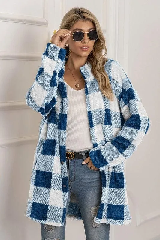 BUFFALO PLAID FLEECE FAUX FUR LAPEL JACKET COAT