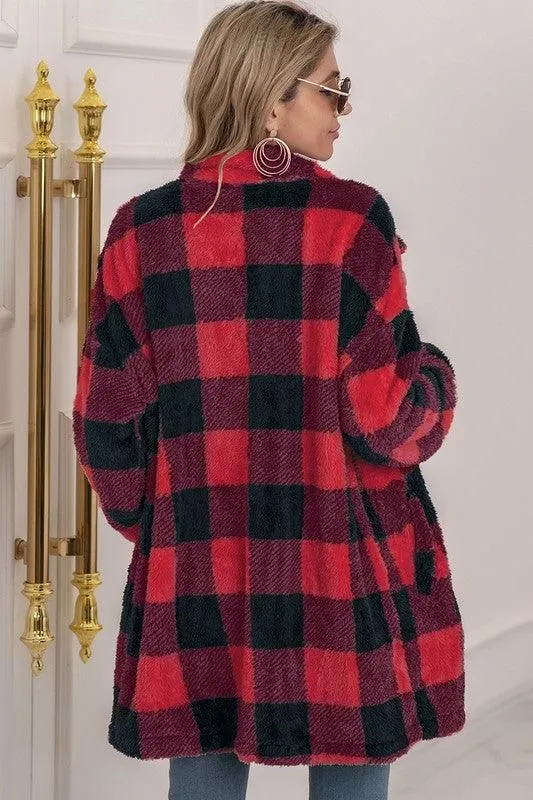 BUFFALO PLAID FLEECE FAUX FUR LAPEL JACKET COAT