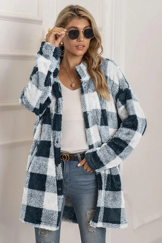 BUFFALO PLAID FLEECE FAUX FUR LAPEL JACKET COAT