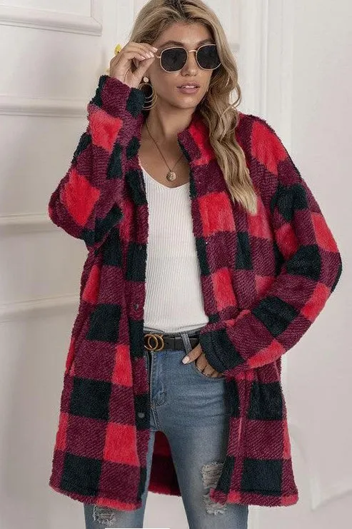 BUFFALO PLAID FLEECE FAUX FUR LAPEL JACKET COAT