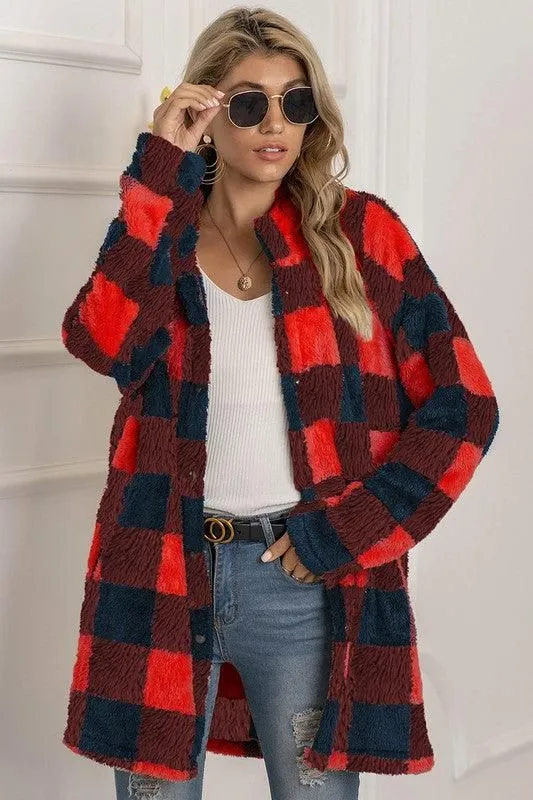 BUFFALO PLAID FLEECE FAUX FUR LAPEL JACKET COAT