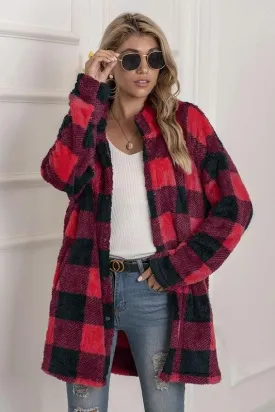 BUFFALO PLAID FLEECE FAUX FUR LAPEL JACKET COAT