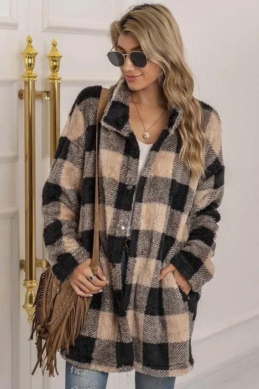 BUFFALO PLAID FLEECE FAUX FUR LAPEL JACKET COAT