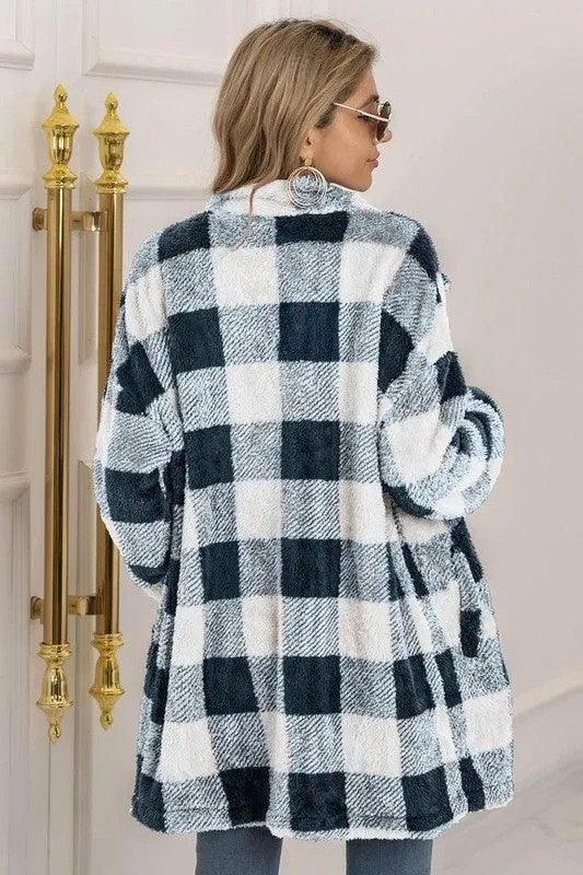 BUFFALO PLAID FLEECE FAUX FUR LAPEL JACKET COAT