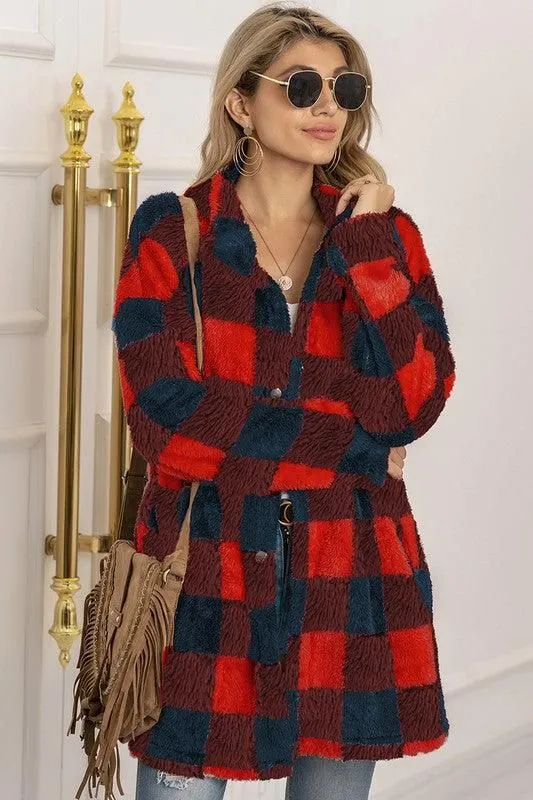 BUFFALO PLAID FLEECE FAUX FUR LAPEL JACKET COAT