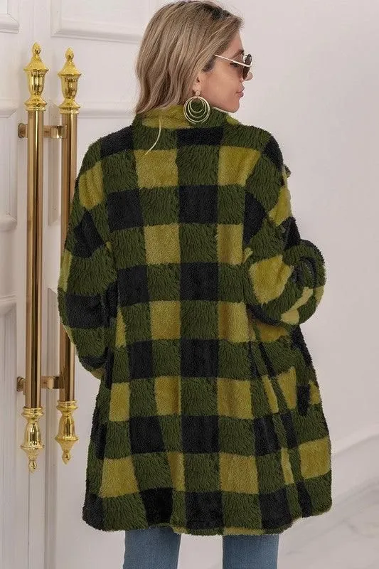 BUFFALO PLAID FLEECE FAUX FUR LAPEL JACKET COAT