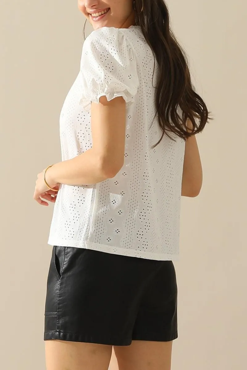 BUTTON POINT PUNCHING LACE FRILL PUFF BLOUSE