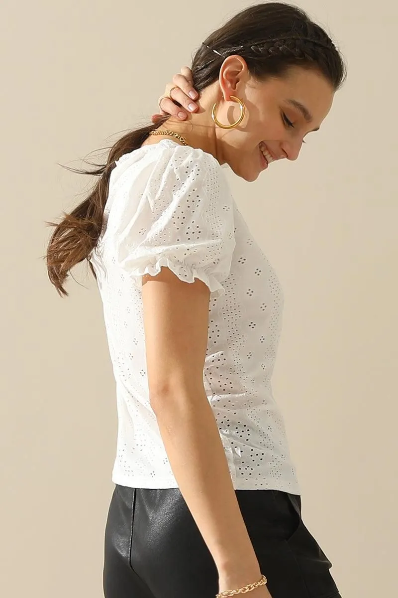 BUTTON POINT PUNCHING LACE FRILL PUFF BLOUSE