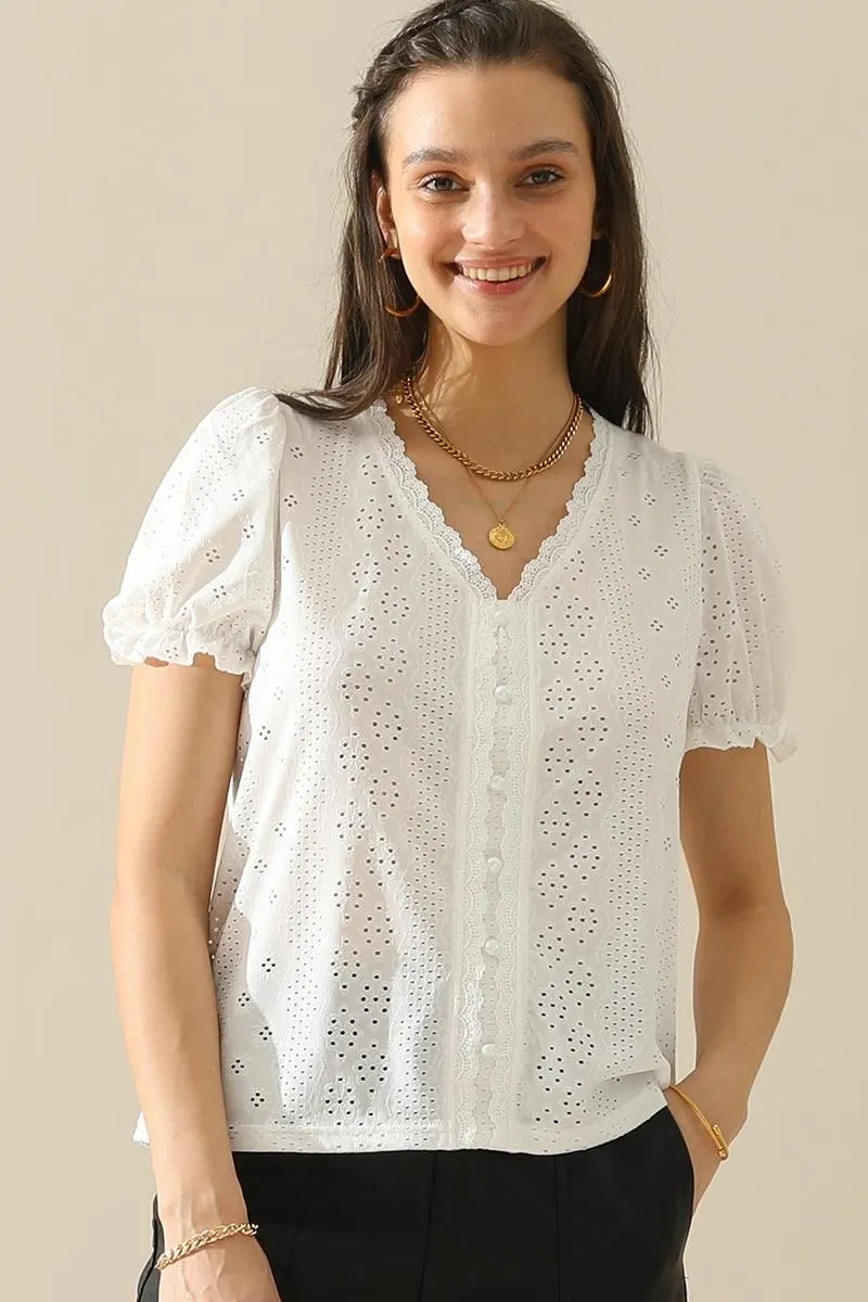 BUTTON POINT PUNCHING LACE FRILL PUFF BLOUSE