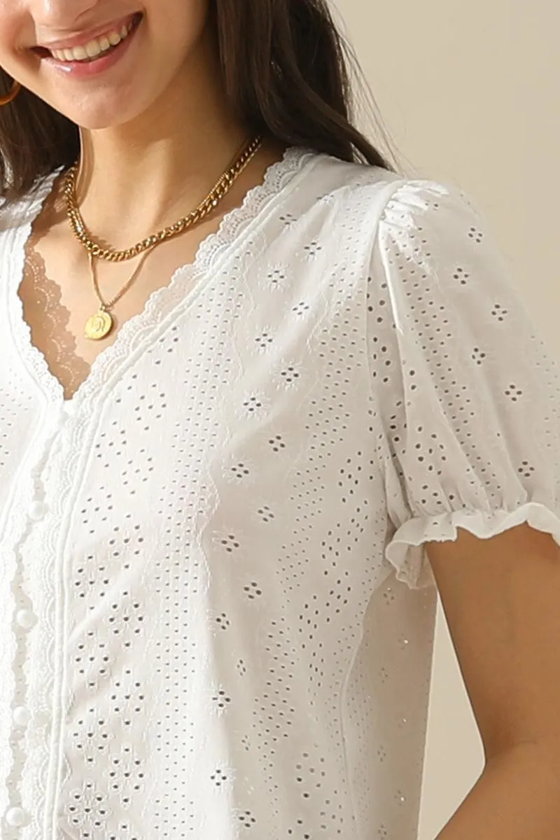 BUTTON POINT PUNCHING LACE FRILL PUFF BLOUSE